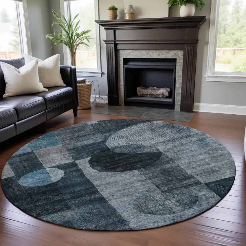 8' Teal Gray And Silver Geometric Washable Round Rug With UV Protection Photo 4