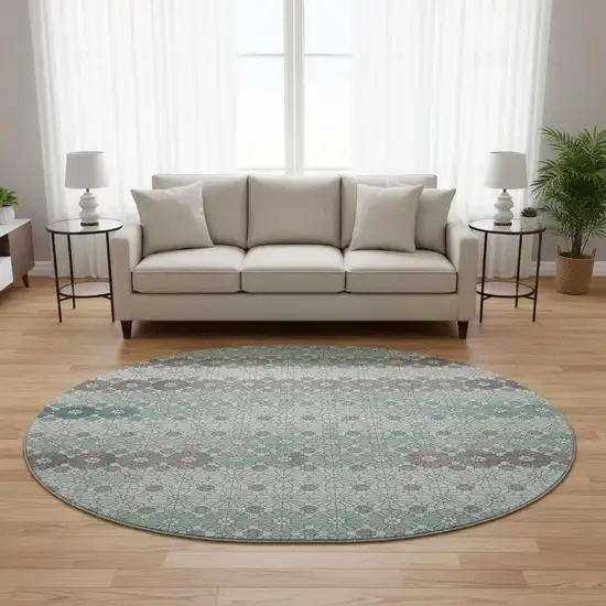 8' Teal Gray And Silver Geometric Washable Round Rug With UV Protection Photo 2
