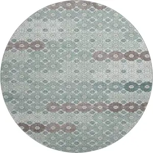 Photo of 8' Teal Gray And Silver Geometric Washable Round Rug With UV Protection