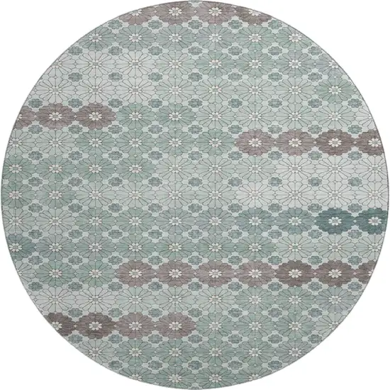 8' Teal Gray And Silver Geometric Washable Round Rug With UV Protection Photo 1