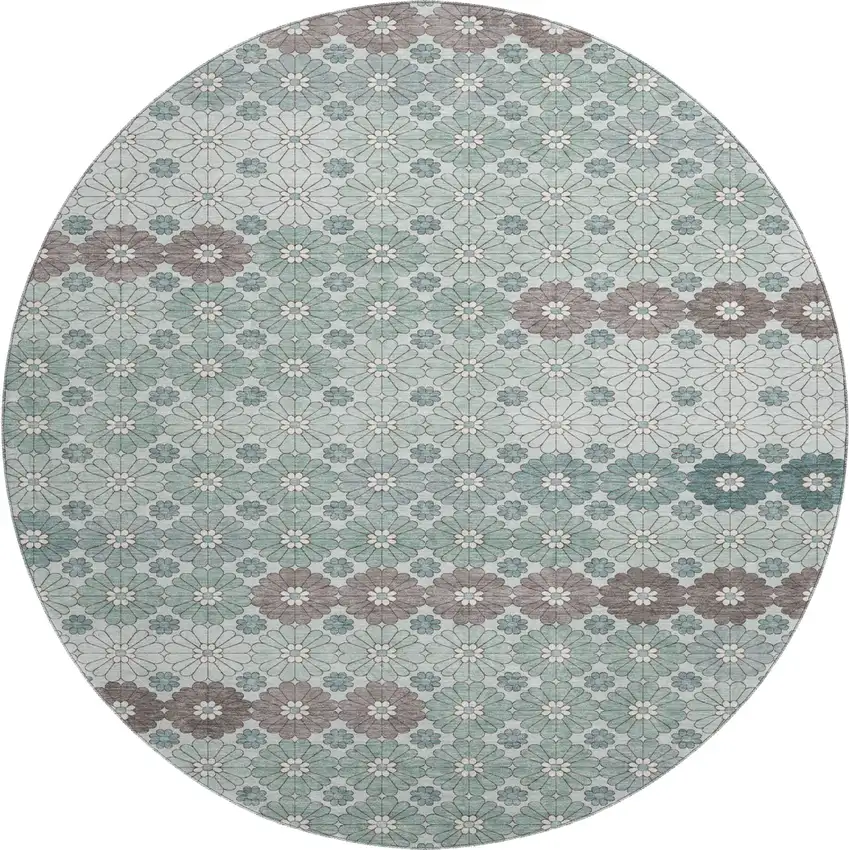 8' Teal Gray And Silver Geometric Washable Round Rug With UV Protection Photo 1