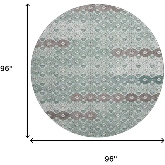 8' Teal Gray And Silver Geometric Washable Round Rug With UV Protection Photo 9