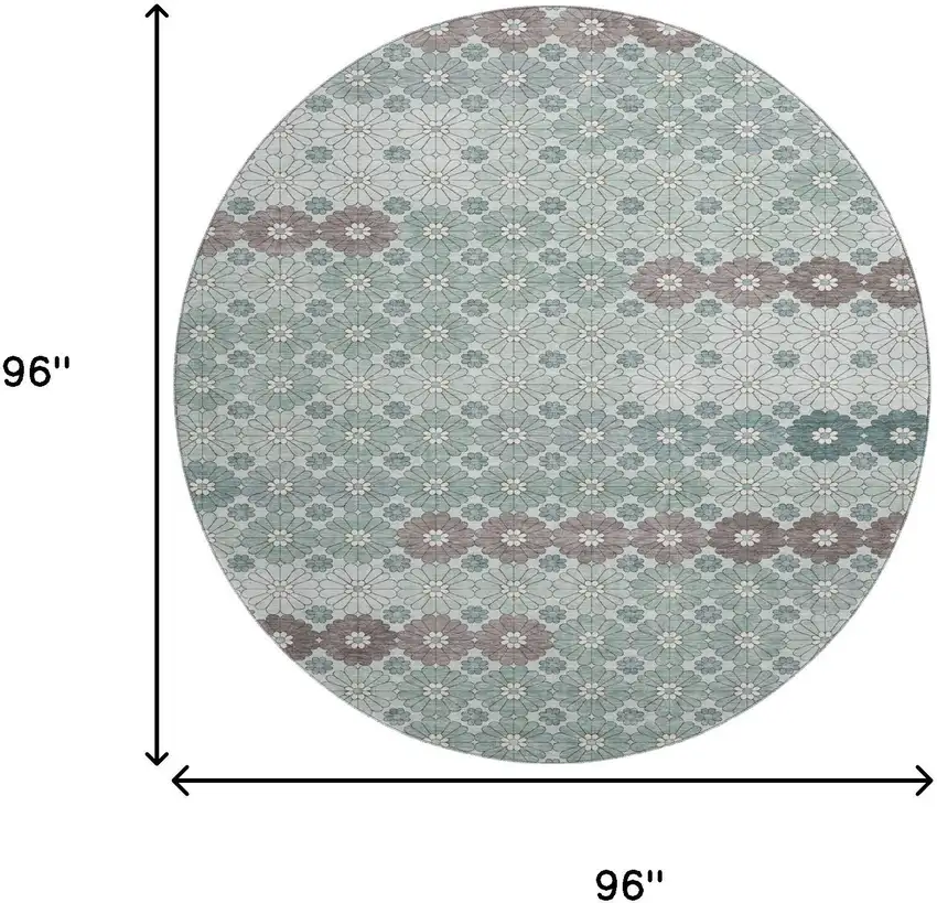 8' Teal Gray And Silver Geometric Washable Round Rug With UV Protection Photo 9