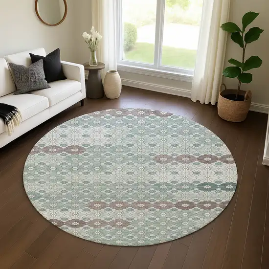 8' Teal Gray And Silver Geometric Washable Round Rug With UV Protection Photo 4
