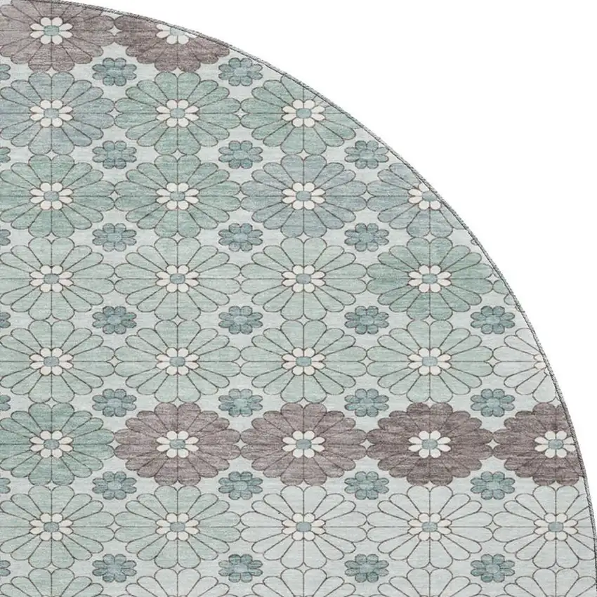 8' Teal Gray And Silver Geometric Washable Round Rug With UV Protection Photo 3