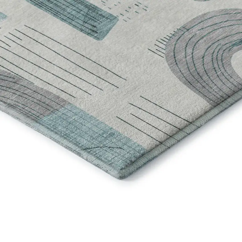 8' Teal Gray And Silver Geometric Washable Round Rug With UV Protection Photo 6