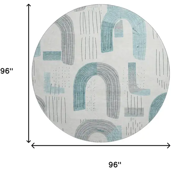8' Teal Gray And Silver Geometric Washable Round Rug With UV Protection Photo 9