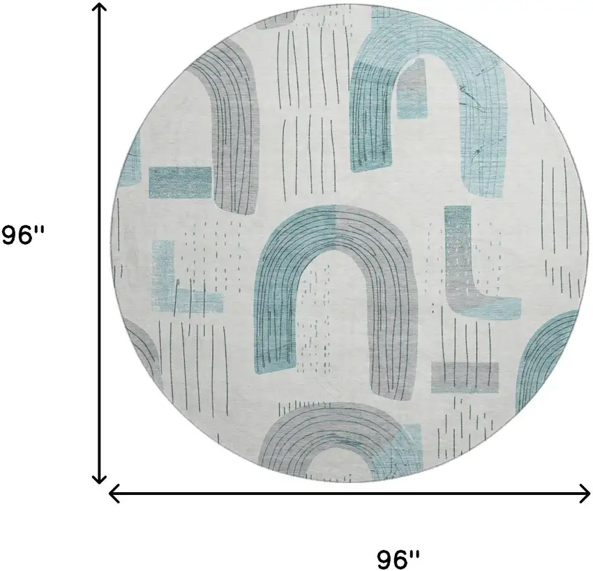8' Teal Gray And Silver Geometric Washable Round Rug With UV Protection Photo 9