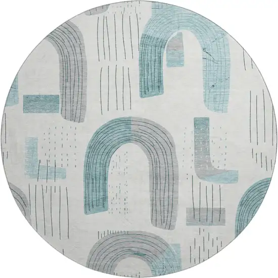 8' Teal Gray And Silver Geometric Washable Round Rug With UV Protection Photo 1