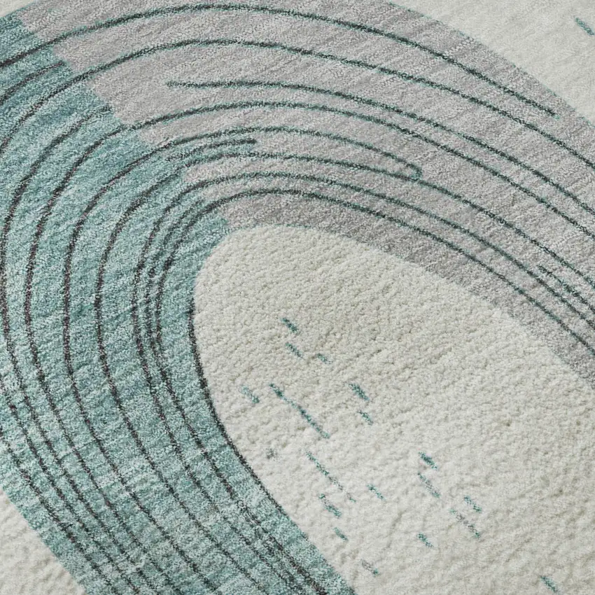 8' Teal Gray And Silver Geometric Washable Round Rug With UV Protection Photo 8