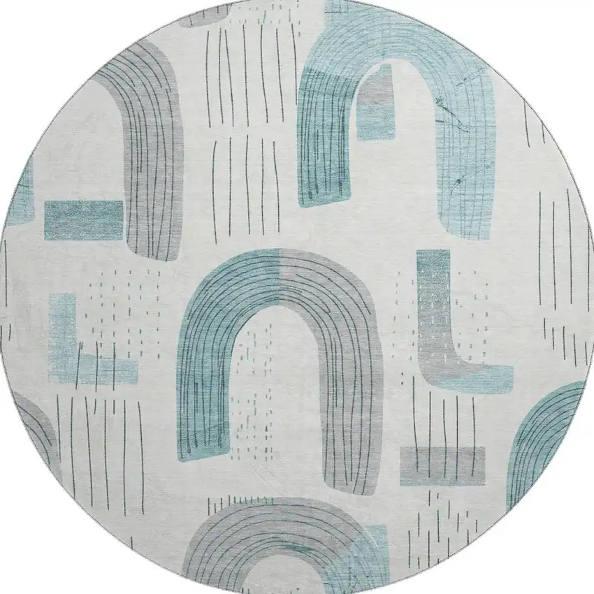 8' Teal Gray And Silver Geometric Washable Round Rug With UV Protection Photo 3
