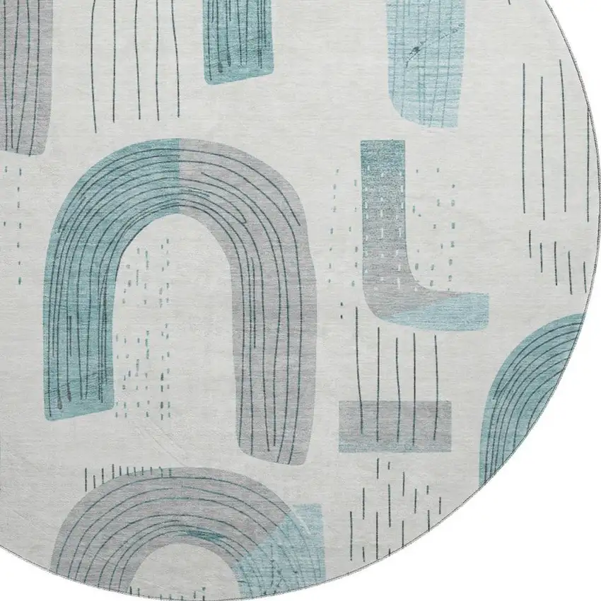 8' Teal Gray And Silver Geometric Washable Round Rug With UV Protection Photo 2