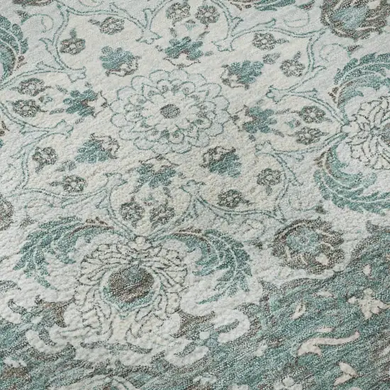 8' Teal Gray And Silver Medallion Washable Round Rug With UV Protection Photo 8