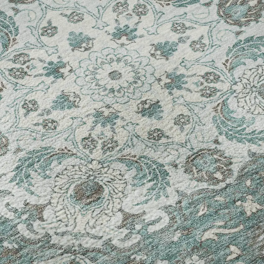 8' Teal Gray And Silver Medallion Washable Round Rug With UV Protection Photo 8