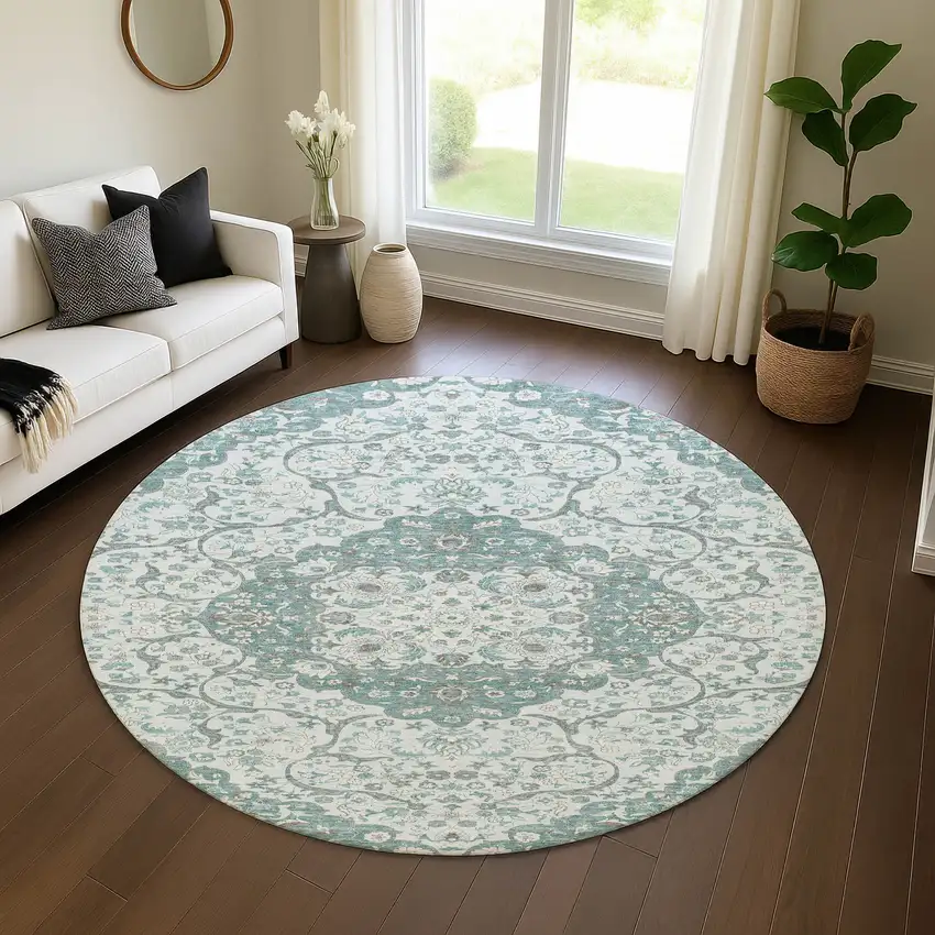 8' Teal Gray And Silver Medallion Washable Round Rug With UV Protection Photo 4