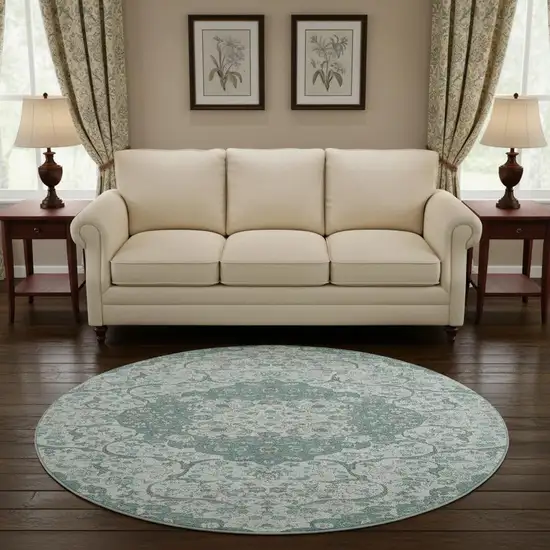 8' Teal Gray And Silver Medallion Washable Round Rug With UV Protection Photo 2
