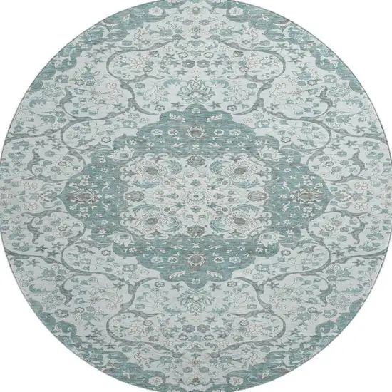 8' Teal Gray And Silver Medallion Washable Round Rug With UV Protection Photo 3