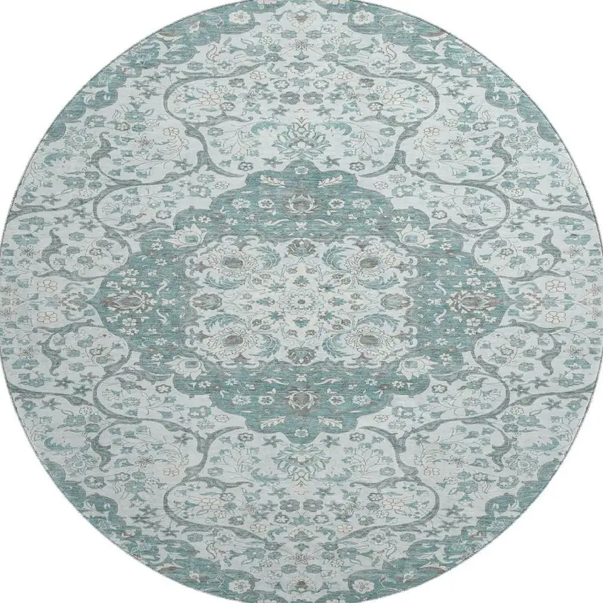 8' Teal Gray And Silver Medallion Washable Round Rug With UV Protection Photo 3