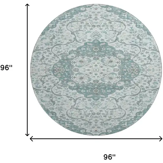 8' Teal Gray And Silver Medallion Washable Round Rug With UV Protection Photo 9