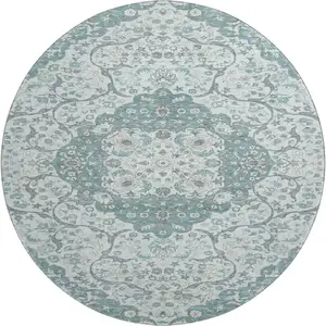 Photo of 8' Teal Gray And Silver Medallion Washable Round Rug With UV Protection