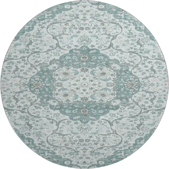 8' Teal Gray And Silver Medallion Washable Round Rug With UV Protection Photo 1
