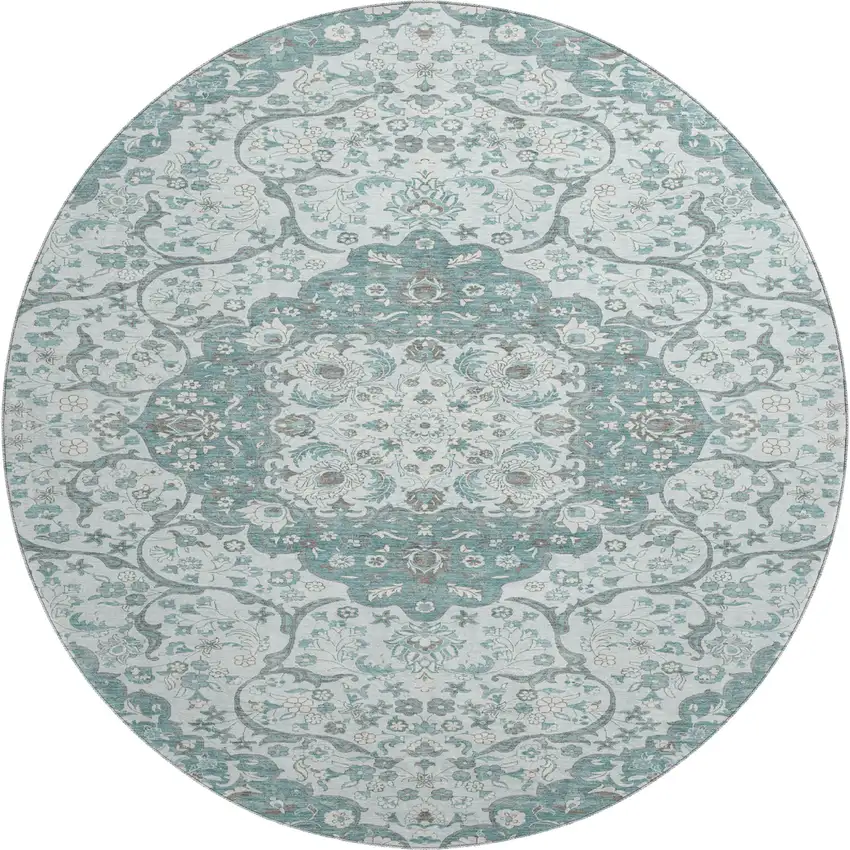 8' Teal Gray And Silver Medallion Washable Round Rug With UV Protection Photo 1