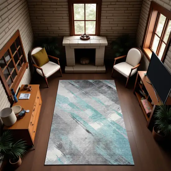 8' Teal Gray And Silver Striped Washable Area Rug With UV Protection Photo 3