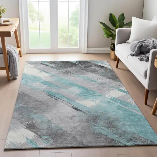 8' Teal Gray And Silver Striped Washable Area Rug With UV Protection Photo 4