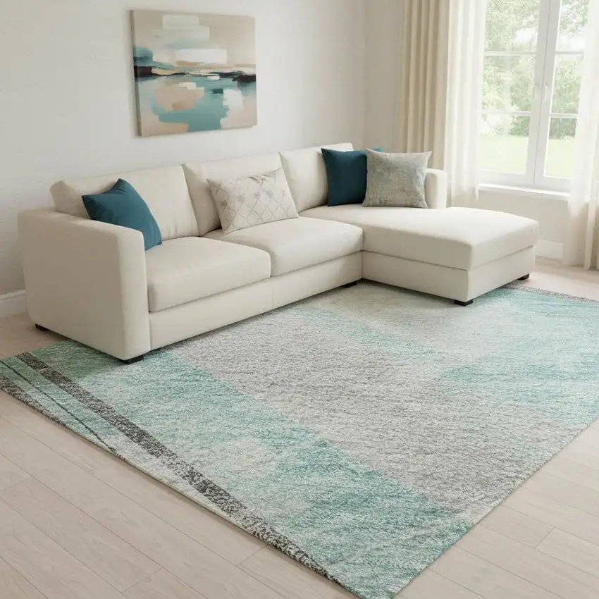 8' Teal Gray And Silver Striped Washable Area Rug With UV Protection Photo 2