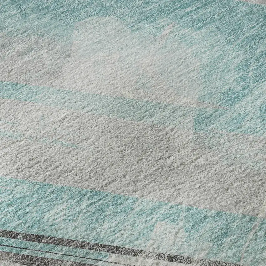 8' Teal Gray And Silver Striped Washable Area Rug With UV Protection Photo 1