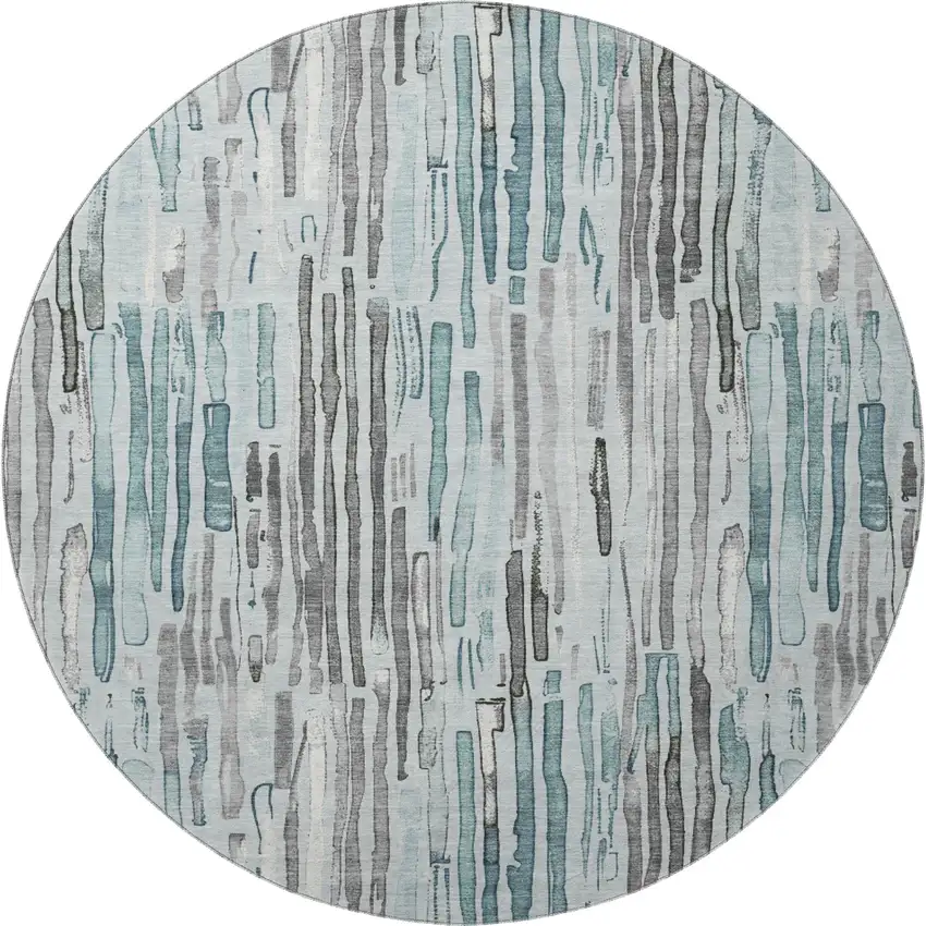 8' Teal Gray And Silver Striped Washable Round Rug With UV Protection Photo 3