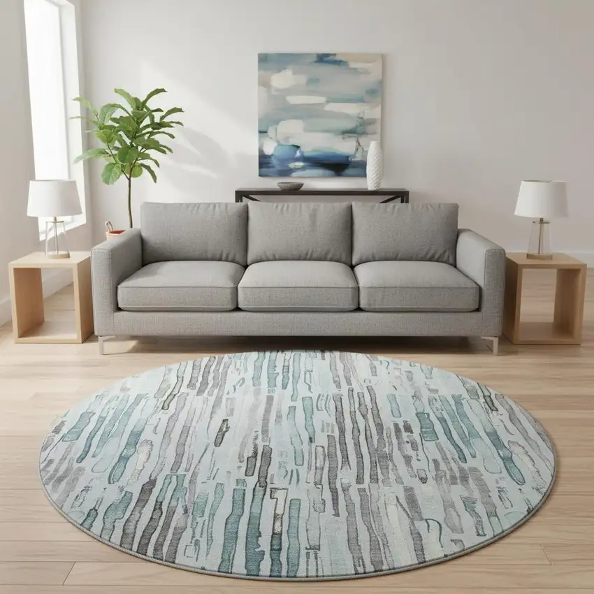 8' Teal Gray And Silver Striped Washable Round Rug With UV Protection Photo 2