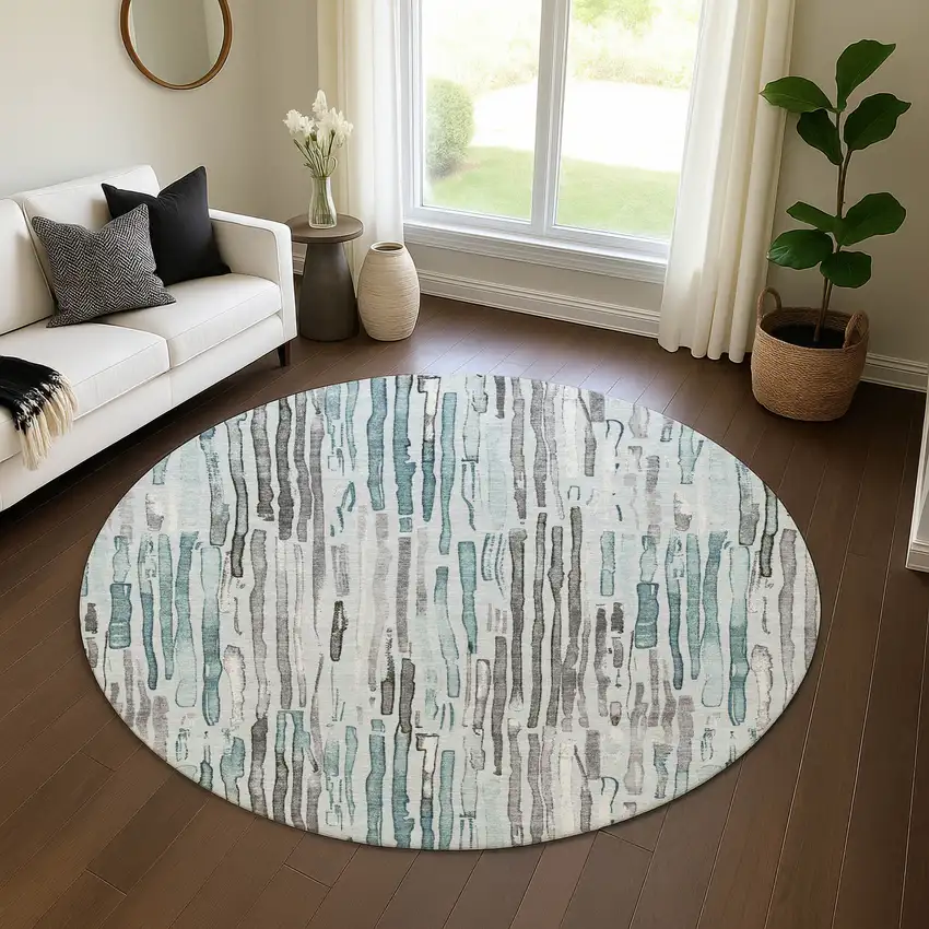 8' Teal Gray And Silver Striped Washable Round Rug With UV Protection Photo 4
