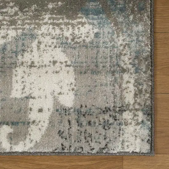 10' Teal Gray And Tan Floral Power Loom Distressed Stain Resistant Runner Rug Photo 3
