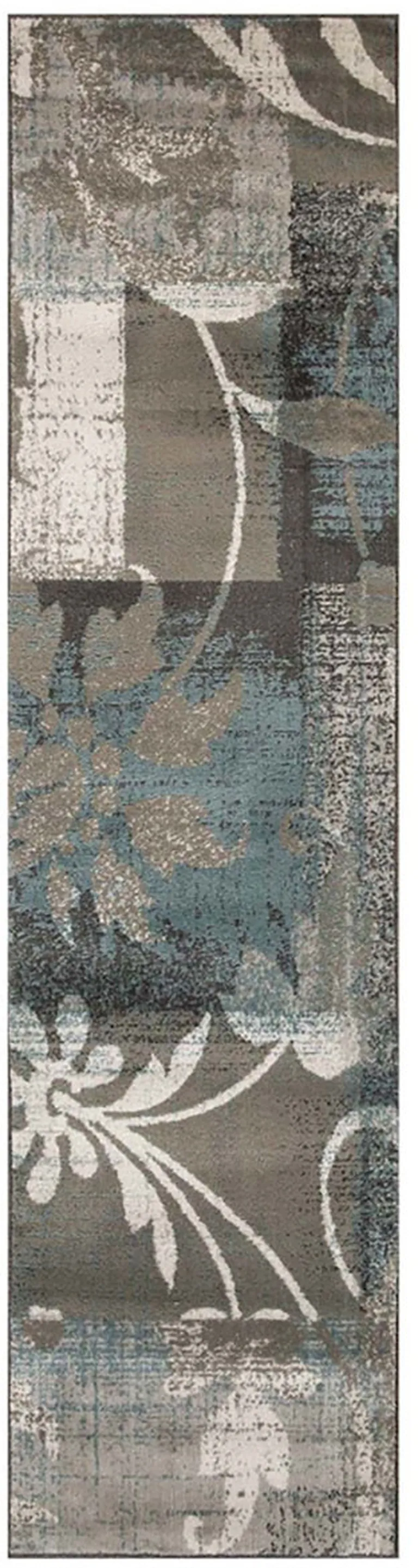 10' Teal Gray And Tan Floral Power Loom Distressed Stain Resistant Runner Rug Photo 1
