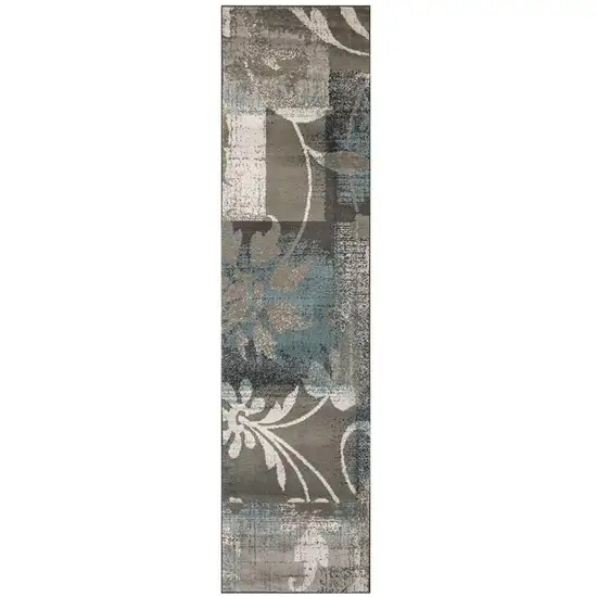 10' Teal Gray And Tan Floral Power Loom Distressed Stain Resistant Runner Rug Photo 1