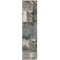 Photo of 10' Teal Gray And Tan Floral Power Loom Distressed Stain Resistant Runner Rug