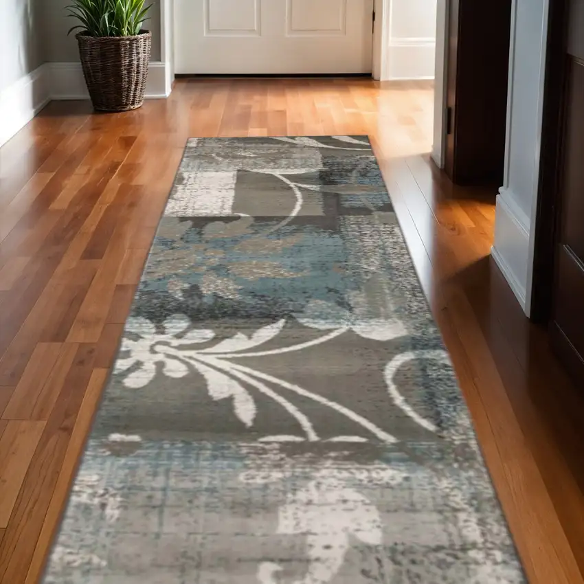 10' Tan And Gray Floral Distressed Runner Rug Photo 1