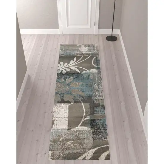 10' Teal Gray And Tan Floral Power Loom Distressed Stain Resistant Runner Rug Photo 2