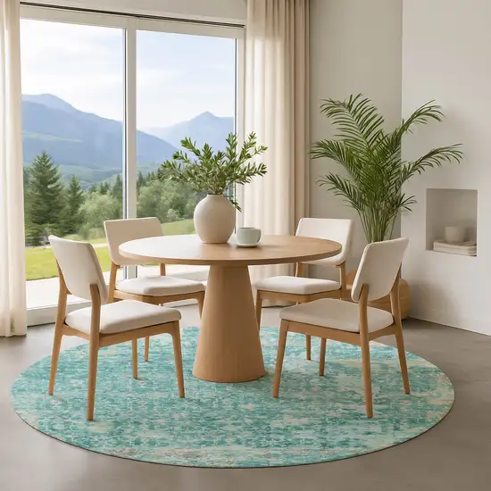 8' Teal Gray And Taupe Oriental Washable Round Rug With UV Protection Photo 4