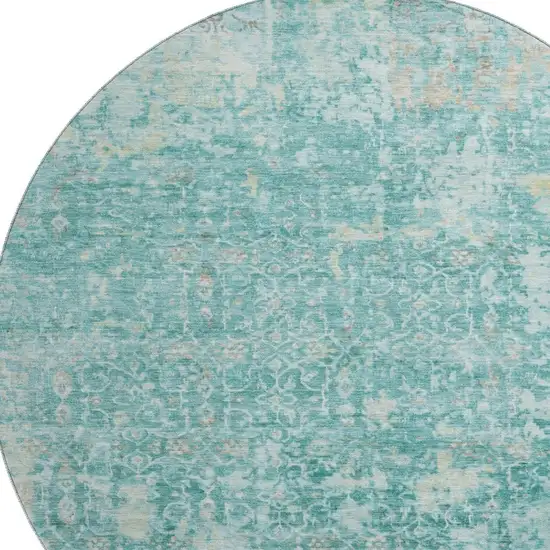 8' Teal Gray And Taupe Oriental Washable Round Rug With UV Protection Photo 2