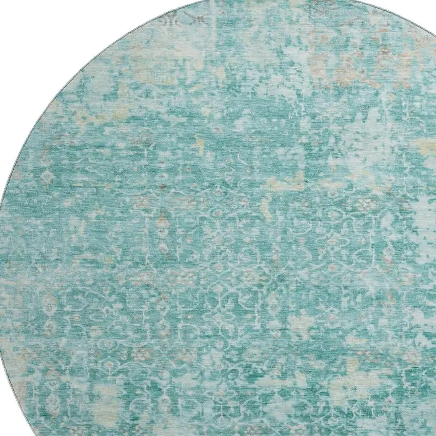 8' Teal Gray And Taupe Oriental Washable Round Rug With UV Protection Photo 2