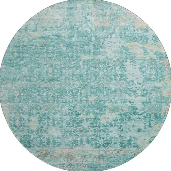 8' Teal Gray And Taupe Oriental Washable Round Rug With UV Protection Photo 3