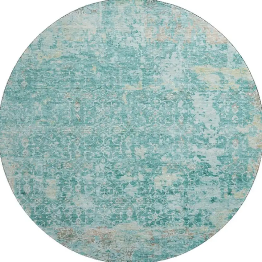 8' Teal Gray And Taupe Oriental Washable Round Rug With UV Protection Photo 3