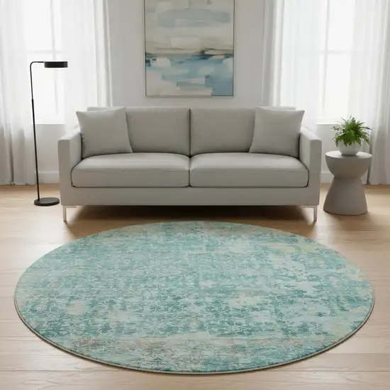 8' Teal Gray And Taupe Oriental Washable Round Rug With UV Protection Photo 2