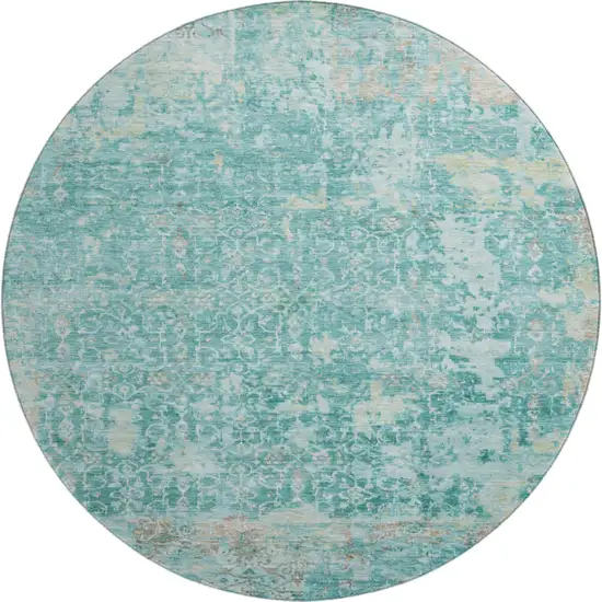 8' Teal Gray And Taupe Oriental Washable Round Rug With UV Protection Photo 1