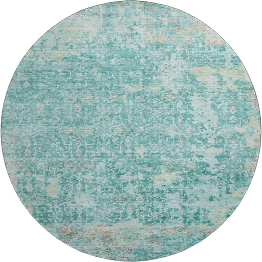 8' Teal Gray And Taupe Oriental Washable Round Rug With UV Protection Photo 1