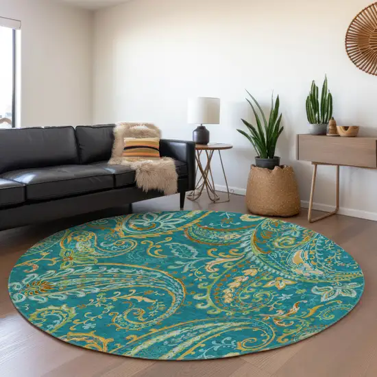 8' Teal Green And Gold Paisley Washable Round Rug With UV Protection Photo 5