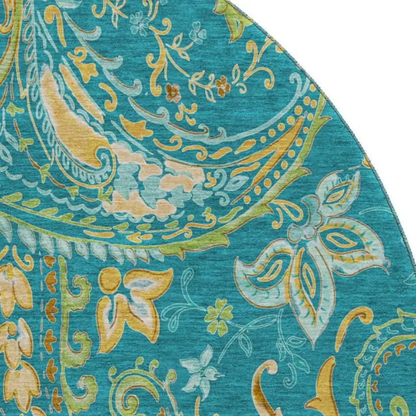 8' Teal Green And Gold Paisley Washable Round Rug With UV Protection Photo 3