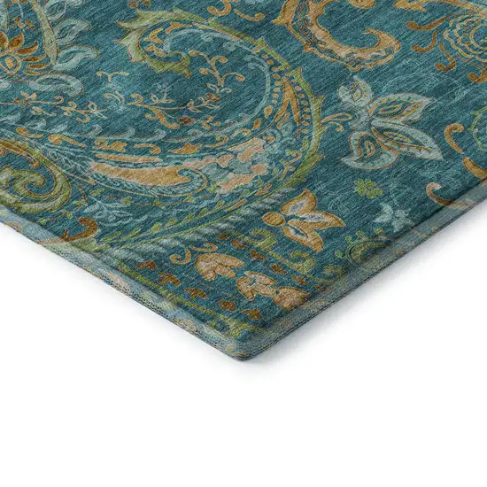 8' Teal Green And Gold Paisley Washable Round Rug With UV Protection Photo 7